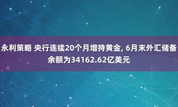 永利策略 央行连续20个月增持黄金, 6月末外汇储备余额为34162.62亿美元